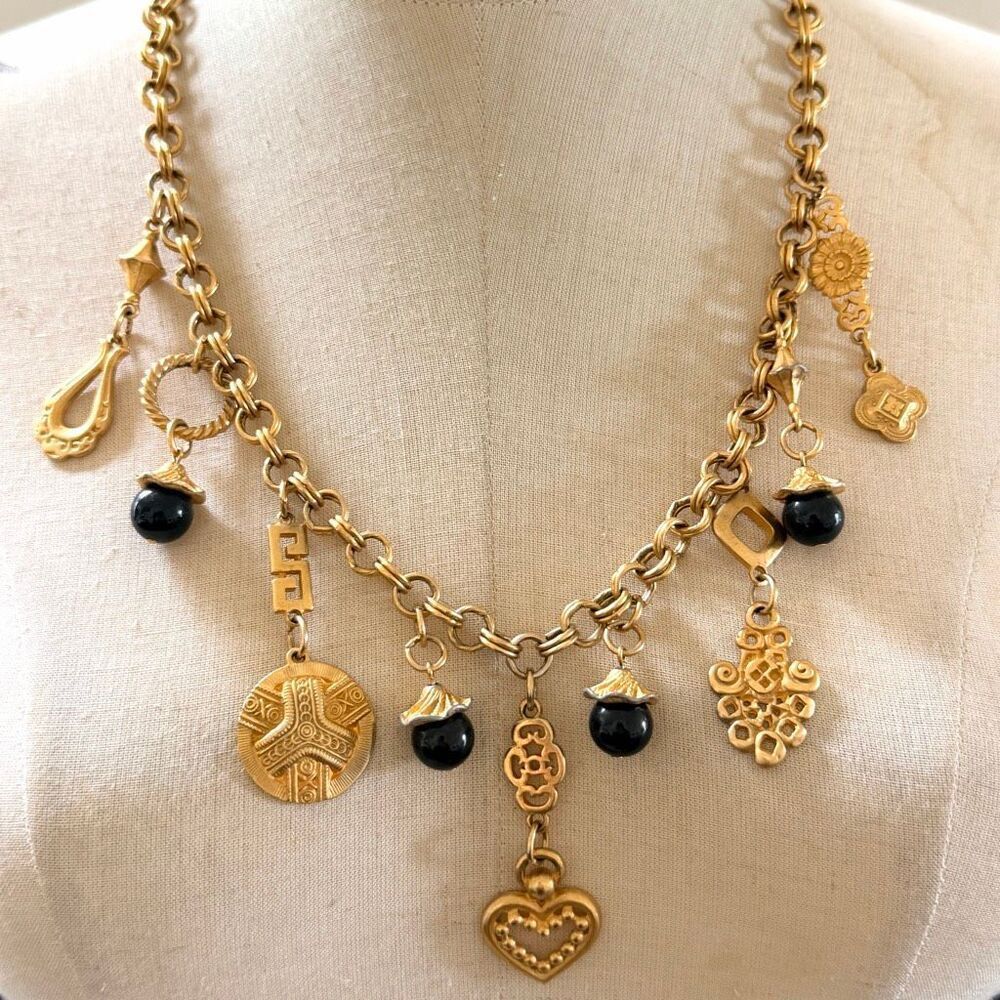 Vintage Gold Tone Charm Necklace Greek Key Acorn Charms Statement Toggle